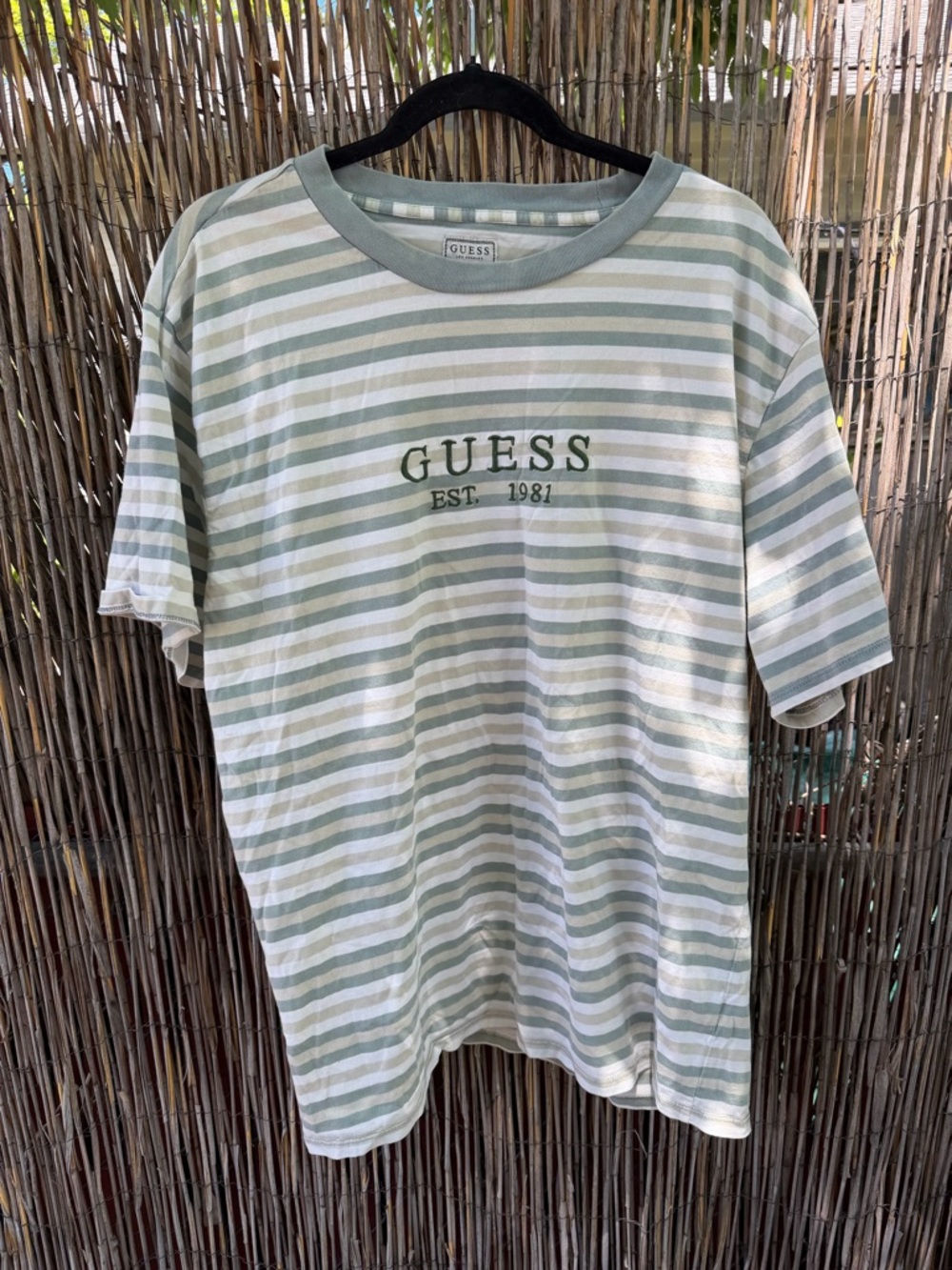 GUESS Men’s Light Green & White Striped Crewneck Tee